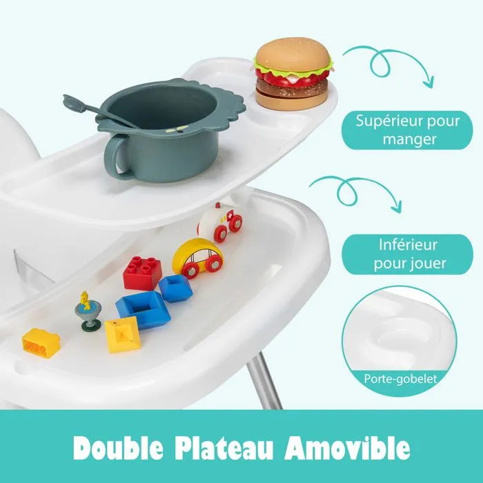 Chaise Haute Bébé 4-en-1 COSTWAY-Plateau Double Amovible Lavable à 2 Positions-Harnais de Sécurité à 3 Points 6-36 Mois-15 kg-Blanc-2