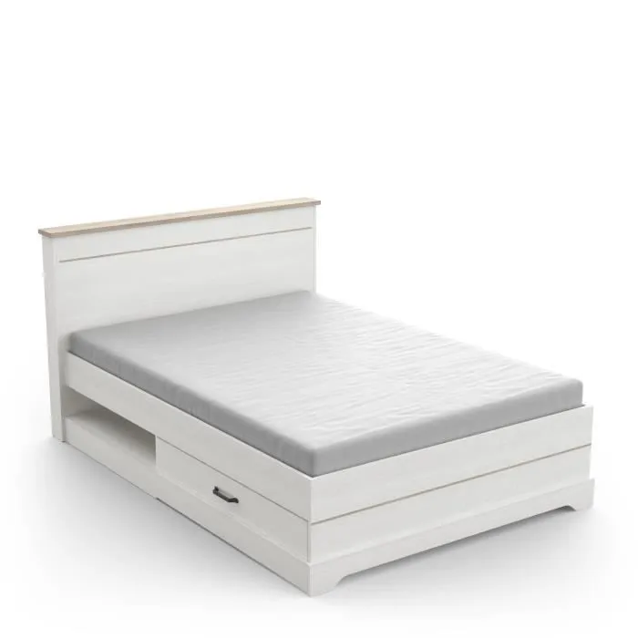 Lit adulte COTTAGE 140x190/200 cm - Mélamine blanc et décor chêne Kronberg - 2 Tiroirs- L 153,40 x P 214,70 x H 102,20 cm --3