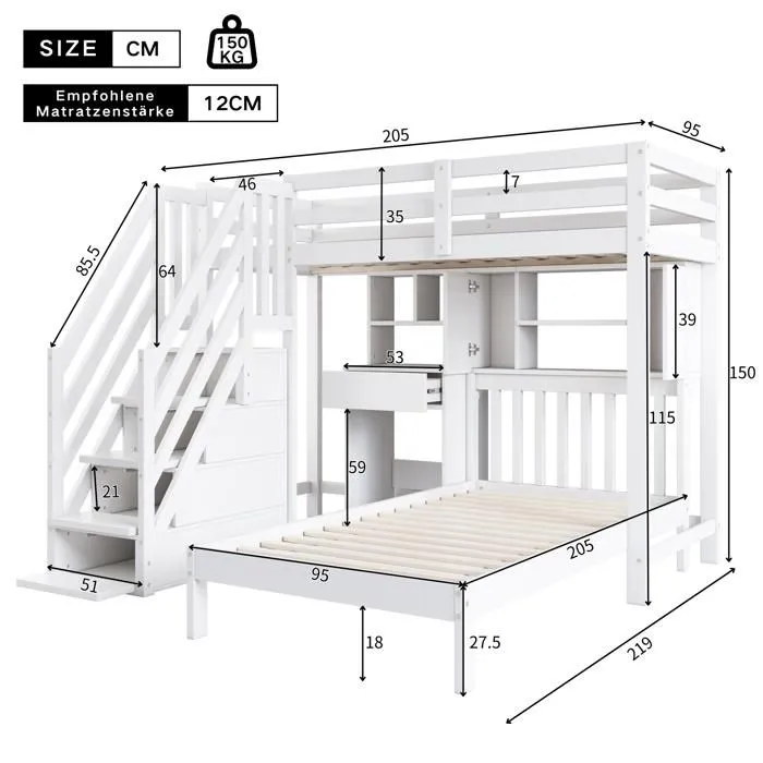 Lit superposé 90x200cm avec escalier de rangement, bureau et étagères, sommier à lattes, cadre en pin, blanc-5