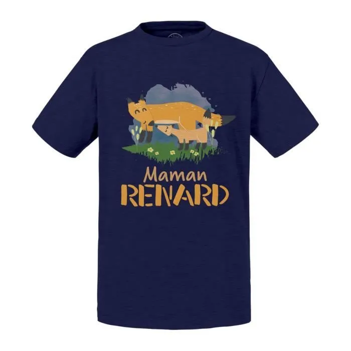 T-shirt Enfant Bleu Maman Renard et son Bébé Renard Dessin Illustration-0