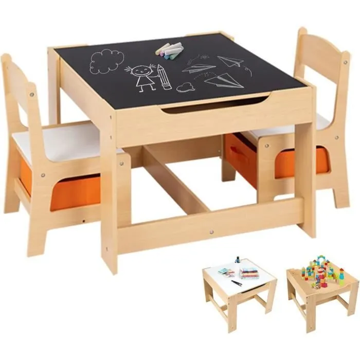 COSTWAY Ensemble Table et 2 Chaises pour Enfants, 2 Face (Noir et Blanc), 2 Boîtes de Rangement, pour Dessin,Manger, Etudier, Jouer-0