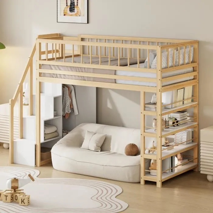 Lit mezzanine - DREAMMESPACE - 90x200cm - Bois massif - Armoire et étagères - Échelle de sécurité-0