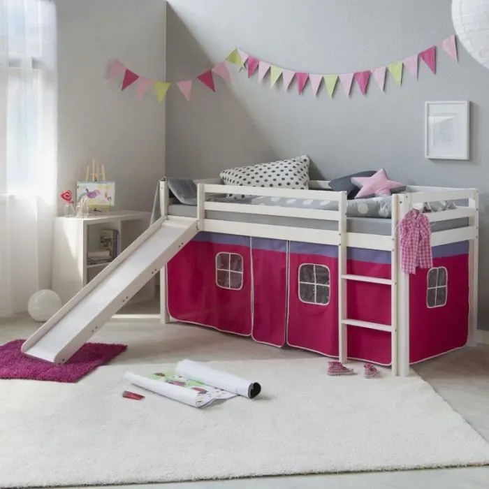 Lit mi-hauteur - HomeStyle4U - 2576 - Rose - 90x200 cm - Avec toboggan-2