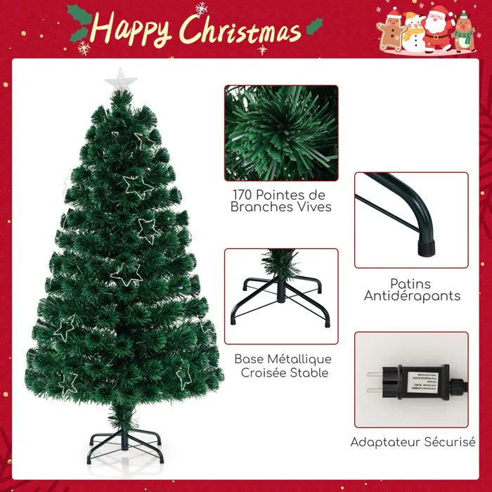 Sapin de Noël Artificiel 150CM COSTWAY-Fibre Optique-24 Lumières Guirlande Lumineuse Blanches Chaudes-Etoile Brillante-170 Pointes-2