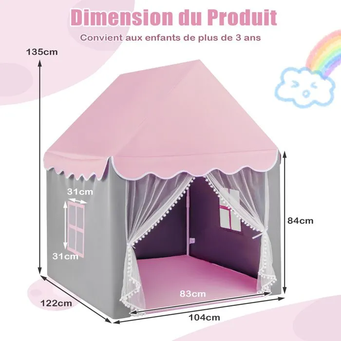 Tente de Jeux pour 4 Enfants COSTWAY-Tapis en Coton Amovible et Lavable-Lumières Étoiles- Fenêtre et Rideau-105 x 121 x 136 cm-Rose-5