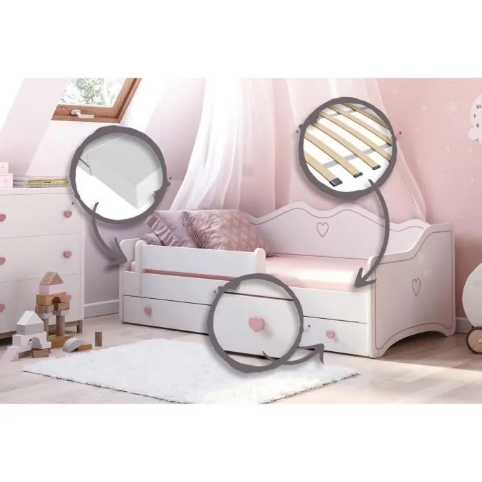 Lit enfant pour une fille Emma  80x160 avec matelas + sommier + tiroir en blanc/rose-1