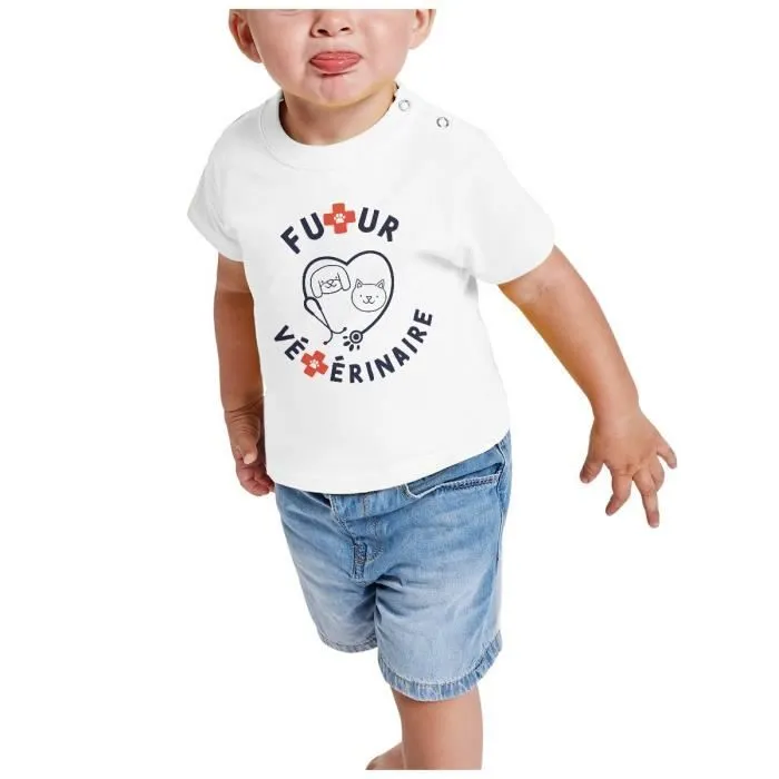 T-shirt Bébé Manche Courte Blanc Futur Vétérinaire Métier Animaux Chien Chat-1