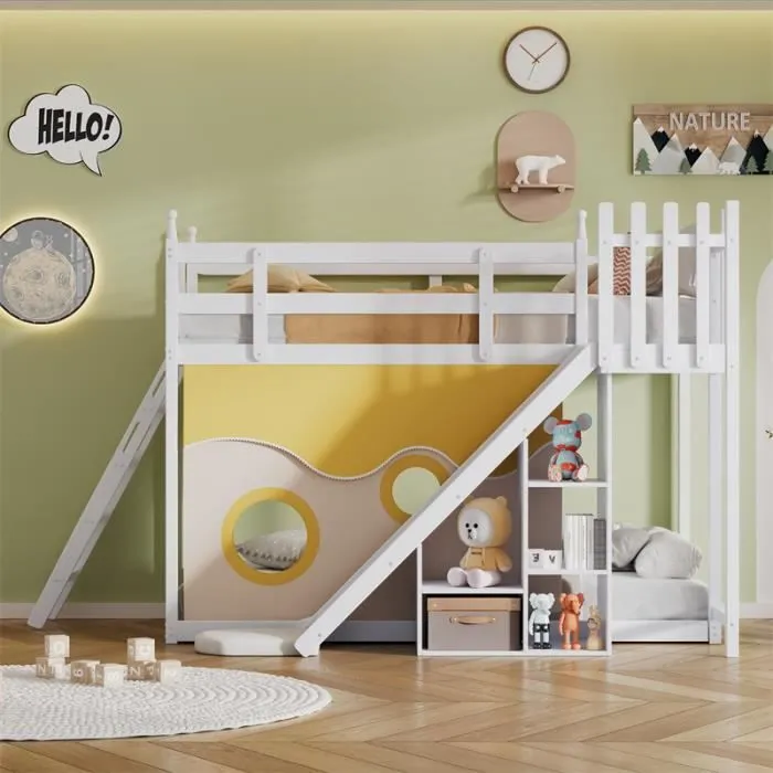 Lit superposé - Blanc - 90x200cm - Bois massif - Escalier - Toboggan-1