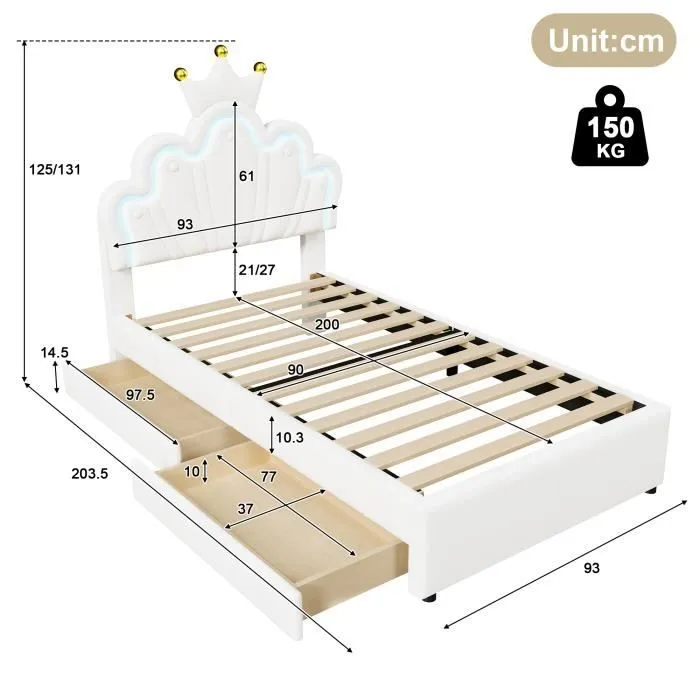 Lit enfant - Princesse - 90x200cm - 2 tiroirs - Tête de lit LED réglable - Cuir PU blanc-3