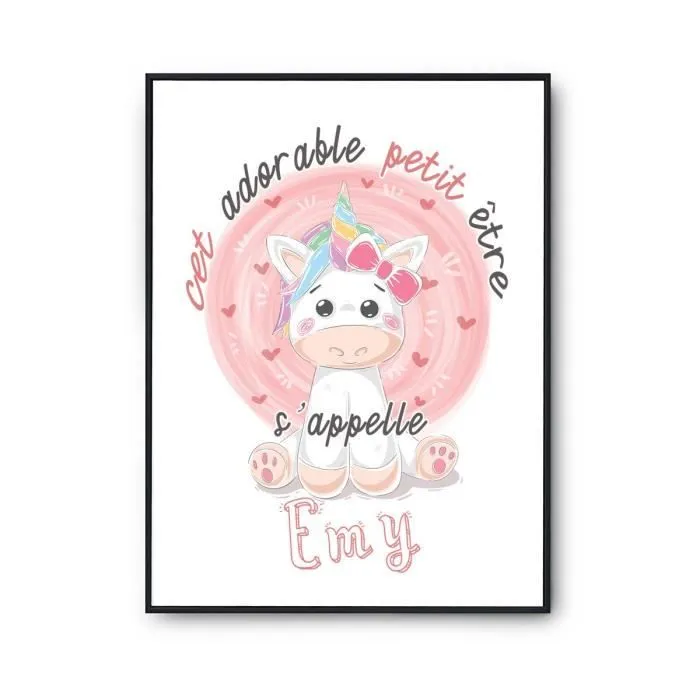 Affiche bébé prénom Emy Licorne | Poster pour chambre bébé et enfant pour décoration murale qualité papier Premium A3-0