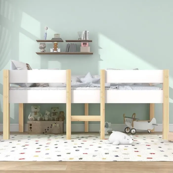 Lit mi-hauteur 90 x 200 cm enfant avec 2 maxi tiroirs - Blanc-Bois - Lit enfant avec sommiers à lattes - MERAX-2