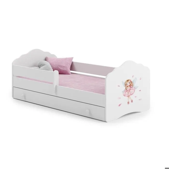 Lit enfant FALA 160 x 80 cm + sommier + matelas + tiroir + barrière de protection avec motif fille aux petites ailes-1