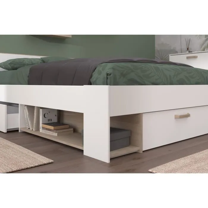 Lit adulte DREAM 140 x 190/200 cm - 3 tiroirs - Décor blanc et chêne - PARISOT-2