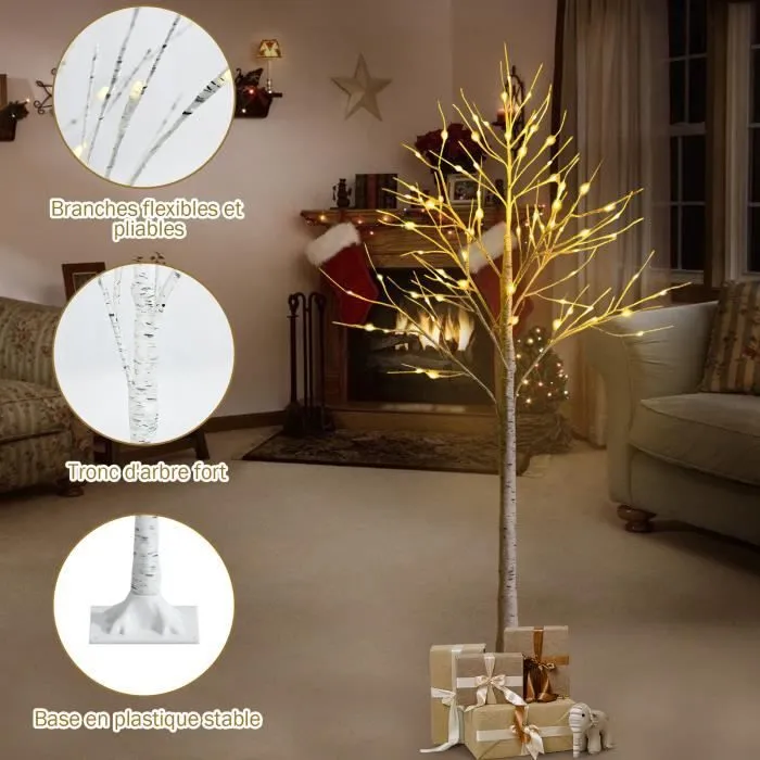 COSTWAY Arbre Artificiel 150cm Bouleau Blanc Chaud Flexible 72 Lumineux LED Intérieur Base Plastique Décoration de Noël PVC Inodore-3