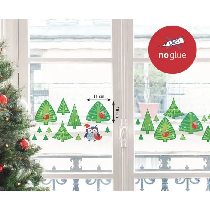 Stickers fenêtres sapins et chouettes - DRAEGER PARIS - Décoration murale - Multicolore - Vert - Pour enfant-0