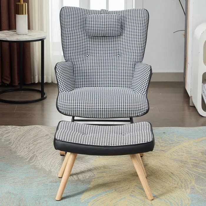 Fauteuil à bascule en tissu avec repose-pieds et repose-tête, noir et blanc-4