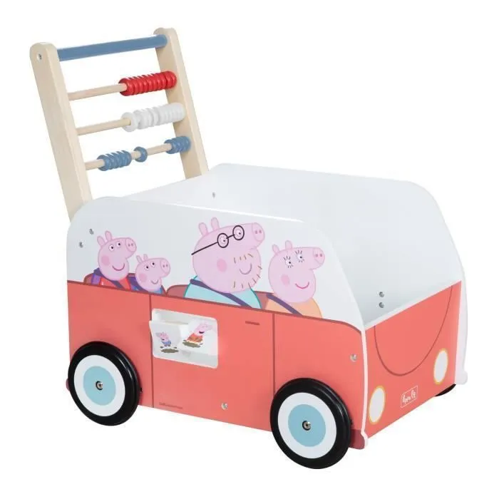 Trotteur Bébé Peppa Pig - Bus et Chariot Enfant - Horloge Boulier et Éléments à Tourner - Bois Rose - Blanc-0