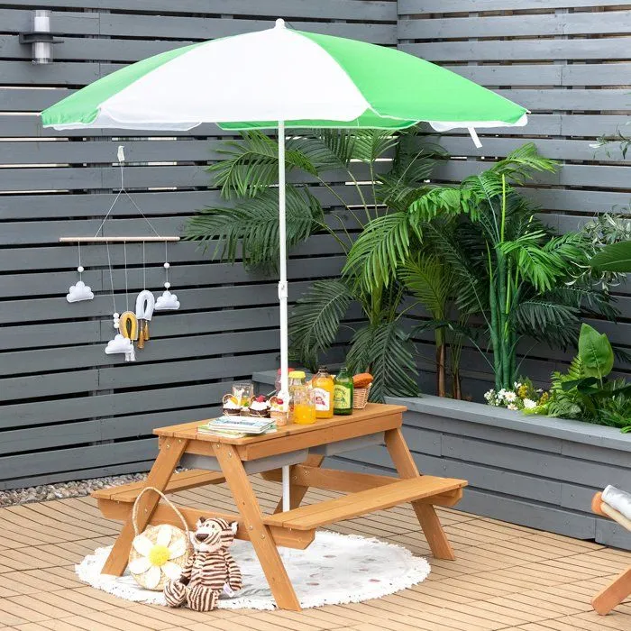 COSTWAY Table et 2 Bancs pour 4 Enfants avec Parasol , 2 Boîtes pour Sable & Eau, Plateau Amovible, 3-7 Ans-5