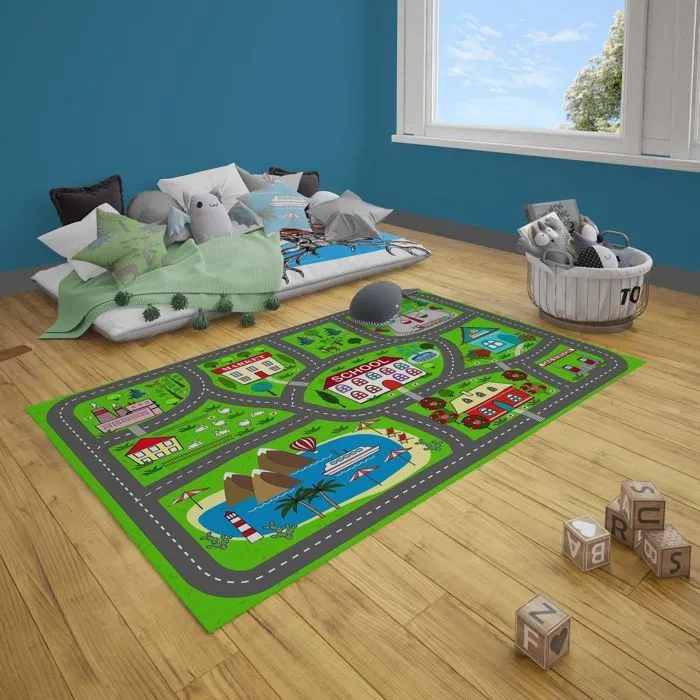 Tapis CIRCUIT DE VOITURE ,modèle Village, Lavable et Antidérapant Dimensions - 100x160-3
