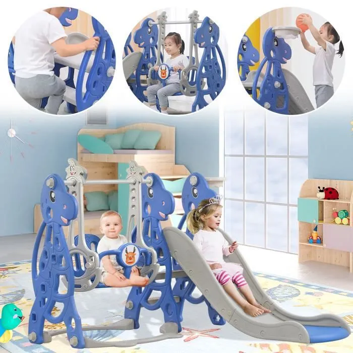 LZQ 4 en 1 Toboggan pour Enfants en Plastique Aire de Jeux avec panier de basket-ball, échelle d'escalade, balançoire, toboggan-0