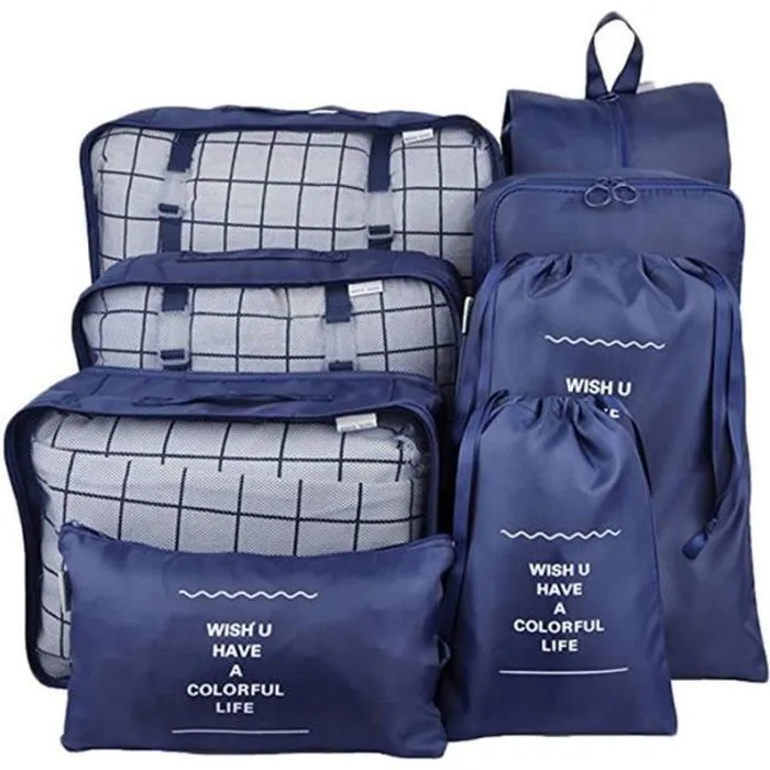 Lot de 8 Sac de Rangement Organisateur de Voyage Valise Bagages Ensemble Emballent des Cubes pour Vêtement - BLEU-0