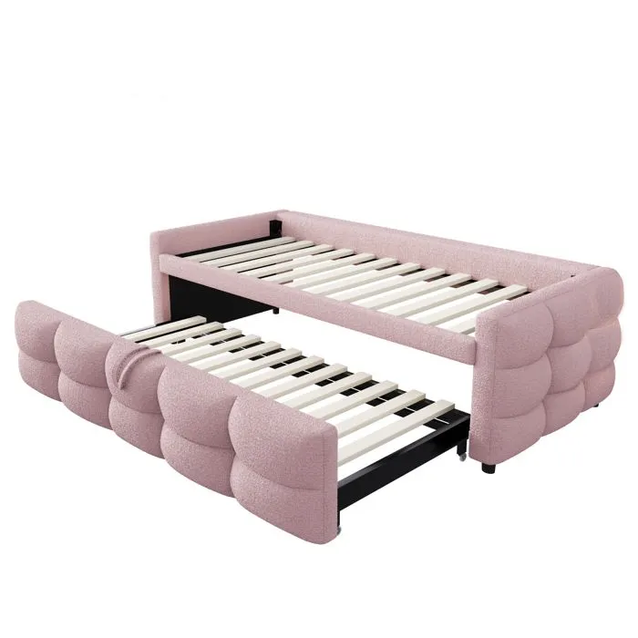 Lit gigogne - Non spécifié - 90/180x190cm - Tissu velours teddy - Rose - 2 places-5