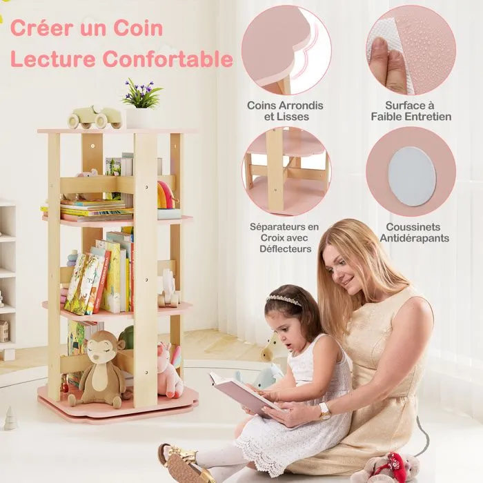 COSTWAY Bibliothèque Rotative à 360° - Étagère à Livres pour Enfants à 3 Niveaux avec 12 Compartiments 48 x 48 x 95,5 cm-1