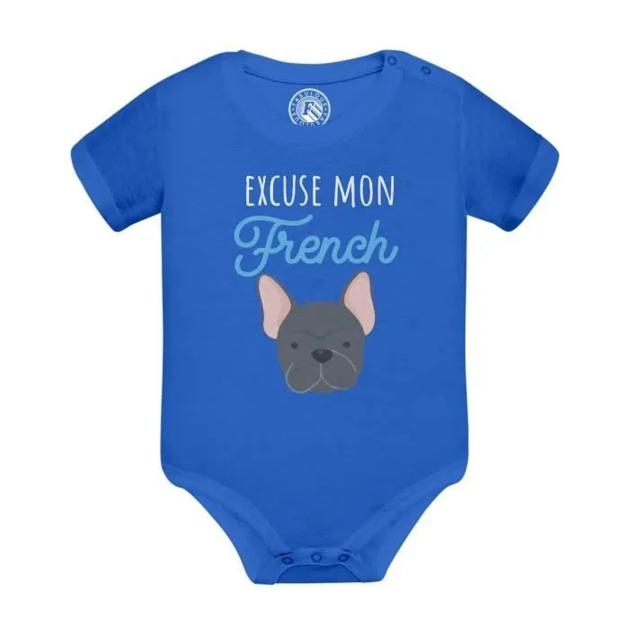 Body Bébé Manche Courte Bleu Excuse mon french Chien Bulldog Français-0
