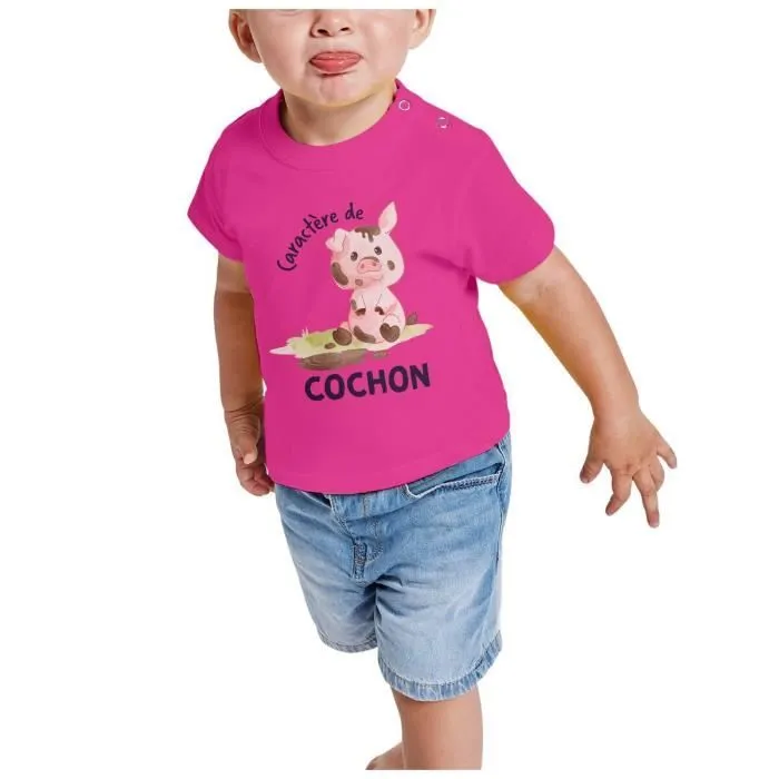 T-shirt Bébé Manche Courte Rose Caractère de Cochon Humour Expression-1