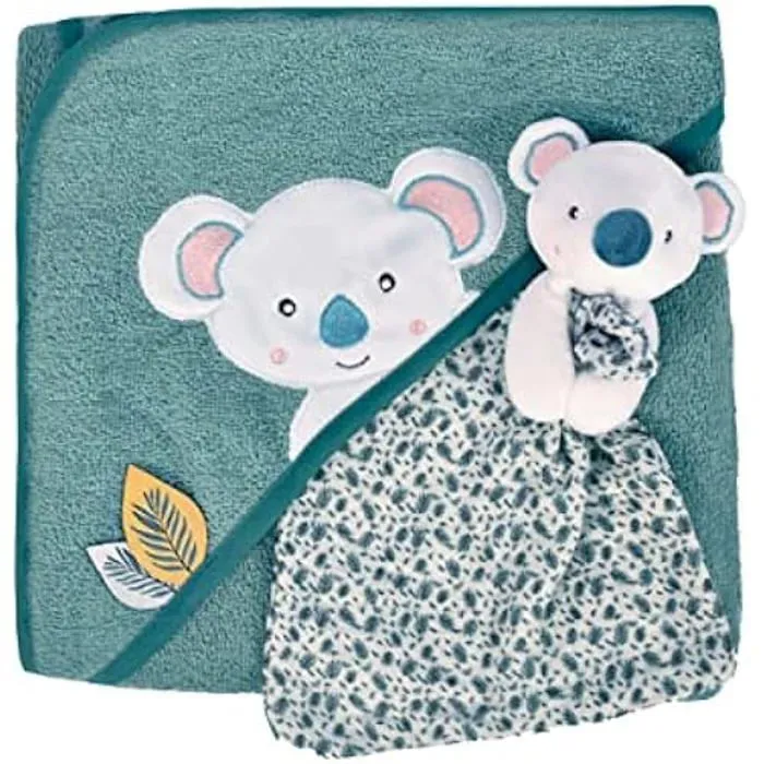 Cape de Bain Bébé - DOUDOU ET COMPAGNIE - Modèle YOCA Koala - Coton Doux - 80x80 cm - Bleu et Vert-1