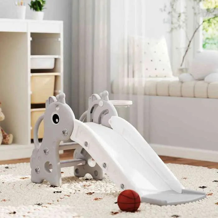 Toboggan pour enfants - AIYAPLAY - 3 en 1 - en forme de girafe - panier de basket, escalade et ballon - 106 x 51,5 x 52 cm - gris-2