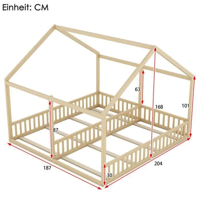 Lit cabane - Naturel - 90x200cm - 2 places - Bois massif - Design en forme de maison-3