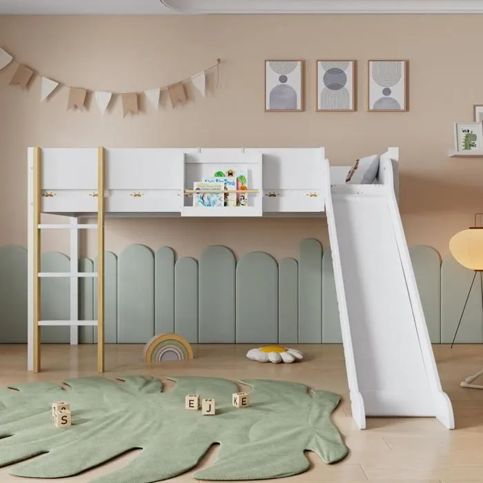Lit mezzanine 90x200 cm avec une étagères amovible - avec échelle et toboggan - en bois de pin et MDF - Blanc-0