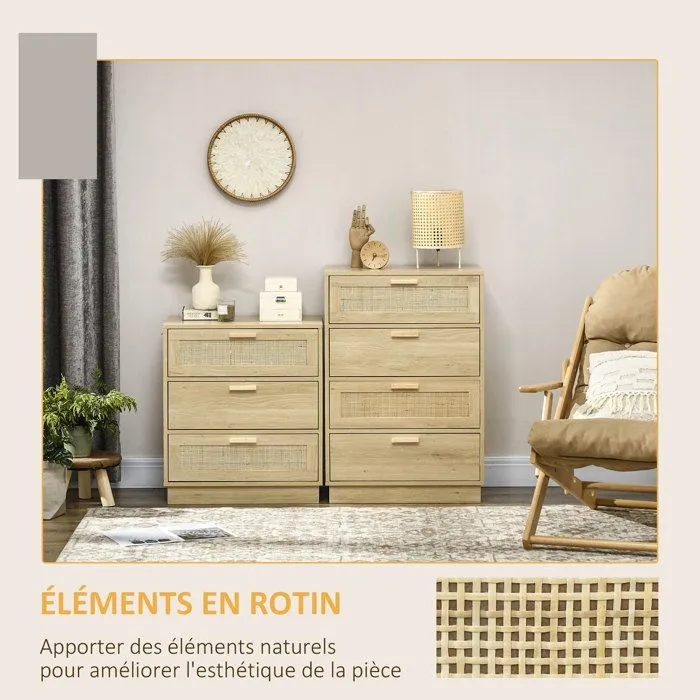 Commode design bohème en rotin - HOMCOM - 4 tiroirs - meuble de rangement - bois naturel-5