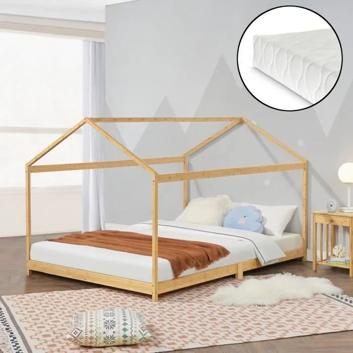 Lit cabane Vindafjord pour enfant 180 x 200 cm avec matelas sommier à lattes bambou naturel [en.casa]-0