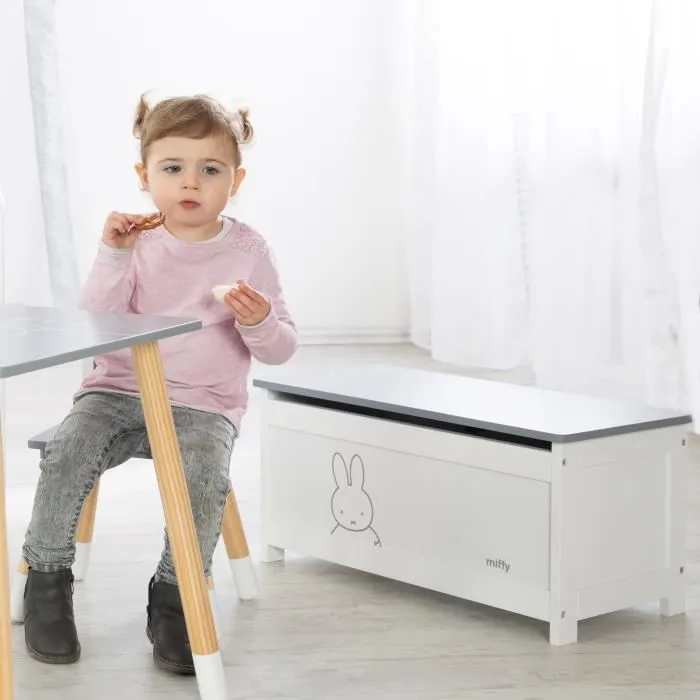 Coffre à Jouets miffy® pour Enfant - Meuble de Rangement en Bois 2 en 1 - Blanc / Motif Lapin Gris - ROBA-3