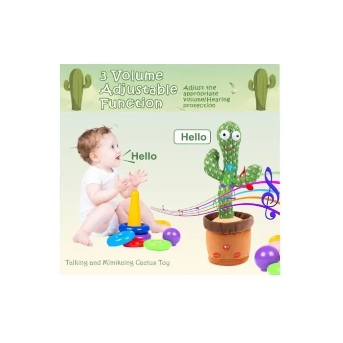Jouet Cactus Peluche Dansant et Répétant - KAWAII - Cactus Qui Parle et Répète Ce Qu'on Dit - Vert et Marron-1