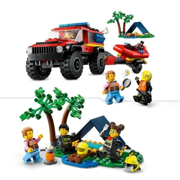 LEGO® 60412 City Le Camion de Pompiers 4x4 et le Canot de Sauvetage, Jouet avec Bateau, Remorque et Minifigurines-2