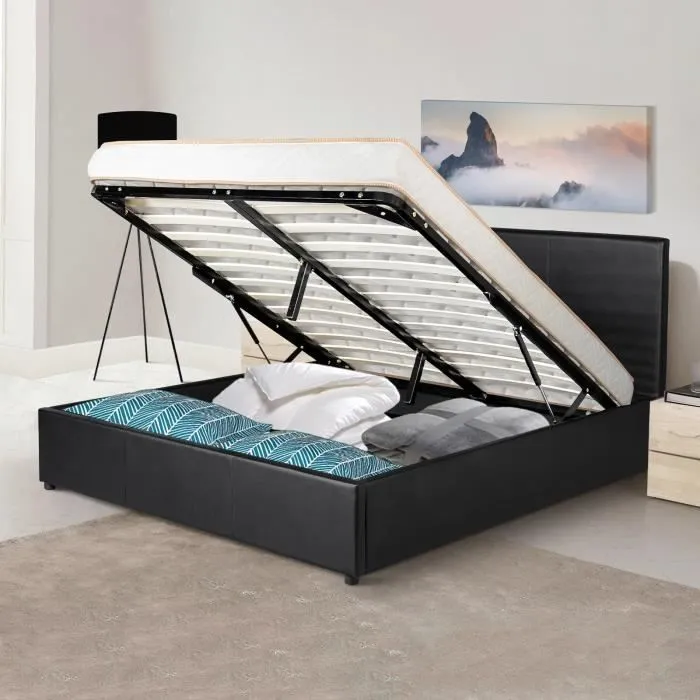 Lit Coffre Majestueux 90x190 Noir Sampur | Sommier à Lattes Inclus | Simili Cuir | Rangement Pratique Space-D | Solide & Durable-1