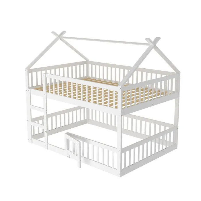 Lit superposé enfant 140x200cm - avec escalier - design loft - bois massif - blanc-1