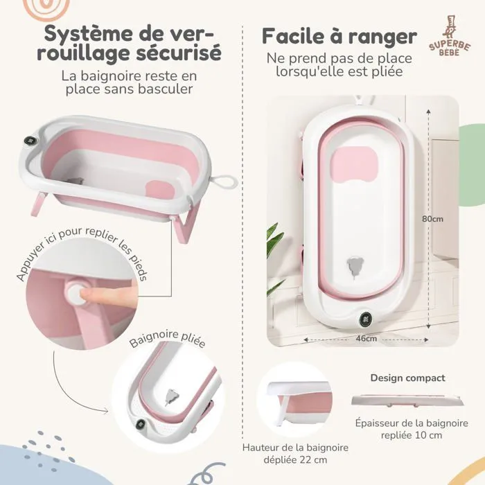 Baignoire bébé pliable - Thermomètre et transat inclus - LEAF - Pink | SUPERBE BEBE-2