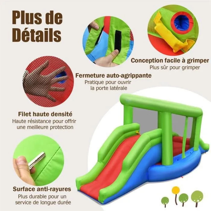 COSTWAY Château Gonflable Apparence de l'Escargot avec 2 Toboggans,Panier de Basket-ball,Mur d'Escalade avec Patchs de Réparation-1