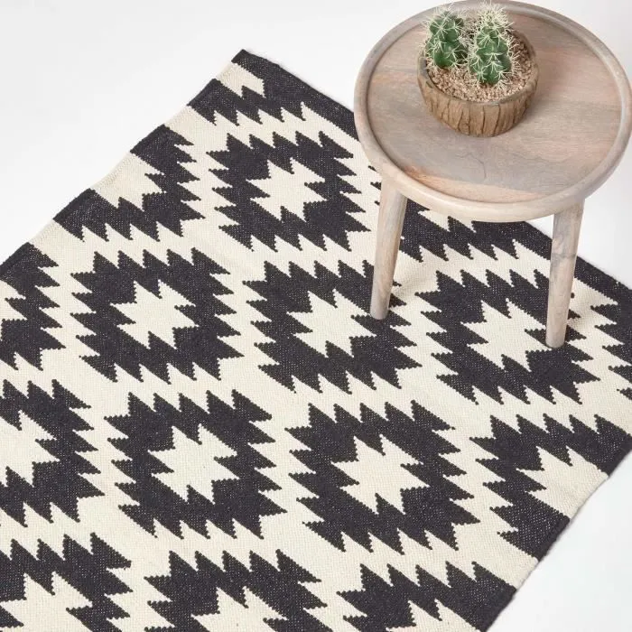 Tapis Kilim en coton à motif géométrique noir et blanc - Zurich - 90 x 150 cm-0