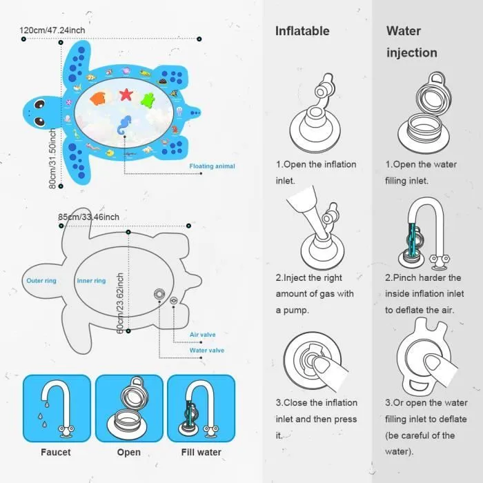 102*82CM Tapis d'eau Matelas sol gonflable jouet bébé éducatif en forme tortue BLEU-1