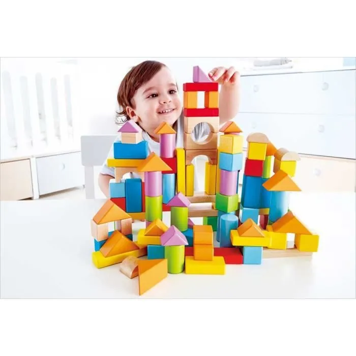 Baril de 101 cubes en bois colorés Hape - Pour enfants de 2 ans et plus - Peinture à base d'eau non toxique-2