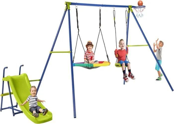 COSTWAY Portique avec Balançoire Nid d'Oiseau Ronde Ø82CM,Toboggan,Panier de Basket 4 en 1 Balançoire Extérieure Réglable 3-12 ans-0