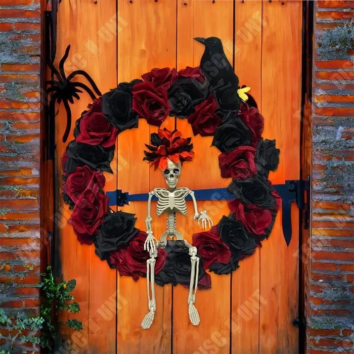 TD® Couronne de Squelette Halloween 43*43cm Squelette Squelette Décoration de fête d'Halloween Suspension de porte Halloween-2