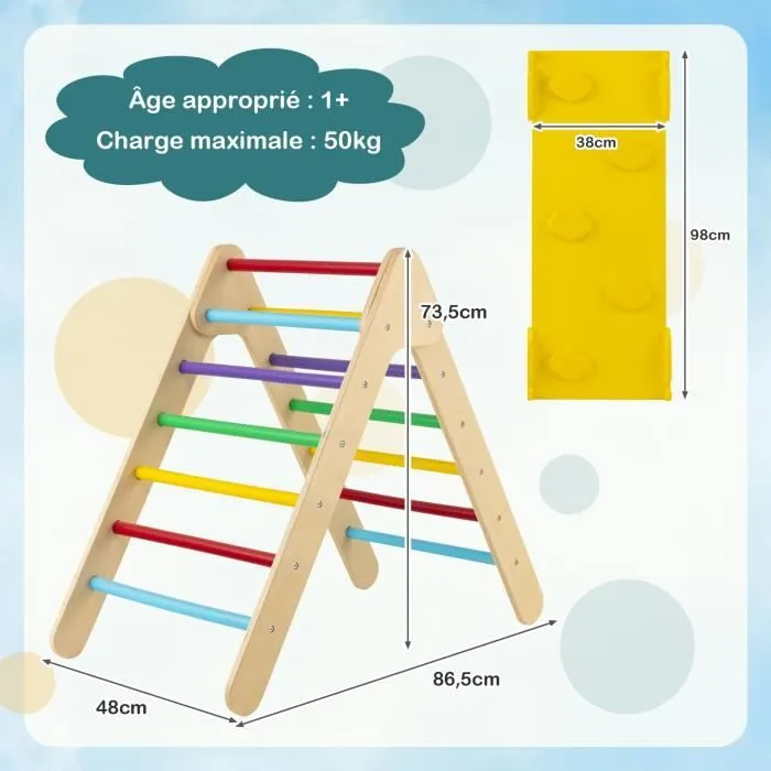 COSTWAY 3 en 1 Triangle d'Escalade Enfant en Bois, Rampe Double Face à Angle Réglable pour Grimper et Glisser, Multicolore-3