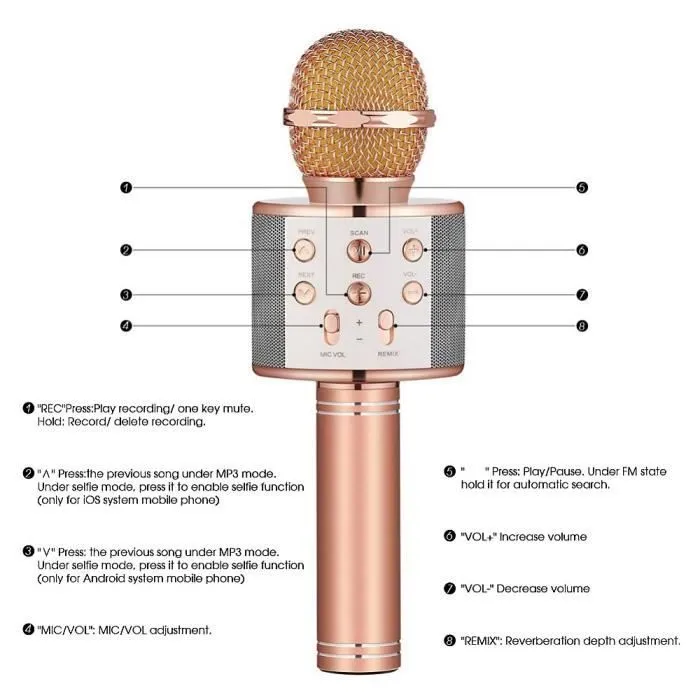 Microphone portable sans fil doré - WS-858 - Karaoké - Haut-Parleur - Selfie - Rechargeable-2