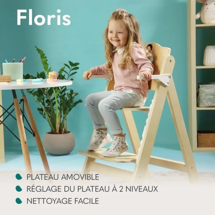 Lionelo Floris Chaise haute en bois pour bébé jusqu'à 40 kg, Gris-3